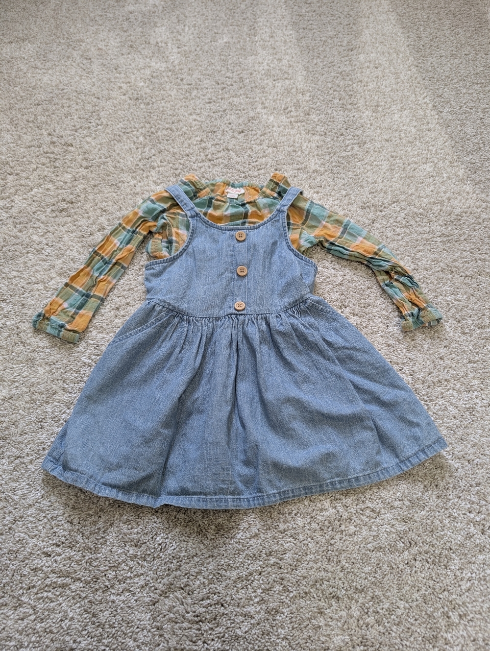 Cat & Jack Denim Pinafore Dress with Plaid Long-Sleeve Top  - 3T